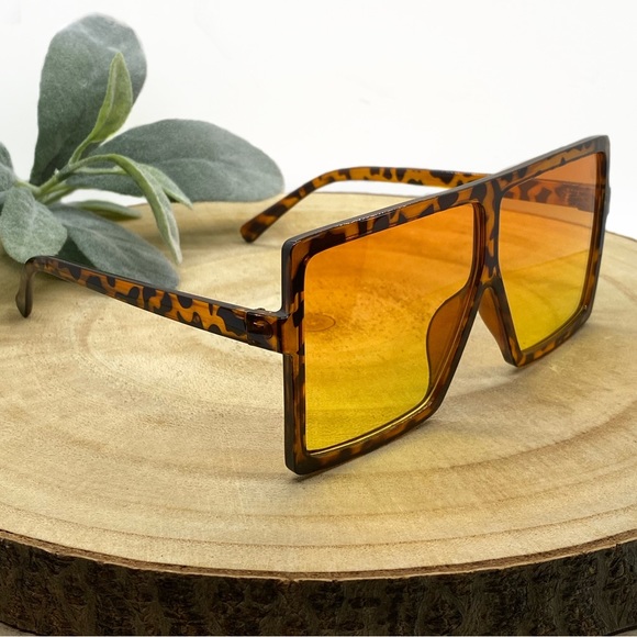 Retro Square Flat Top Sunglasses Brown Leopard/Orange - Picture 2 of 7